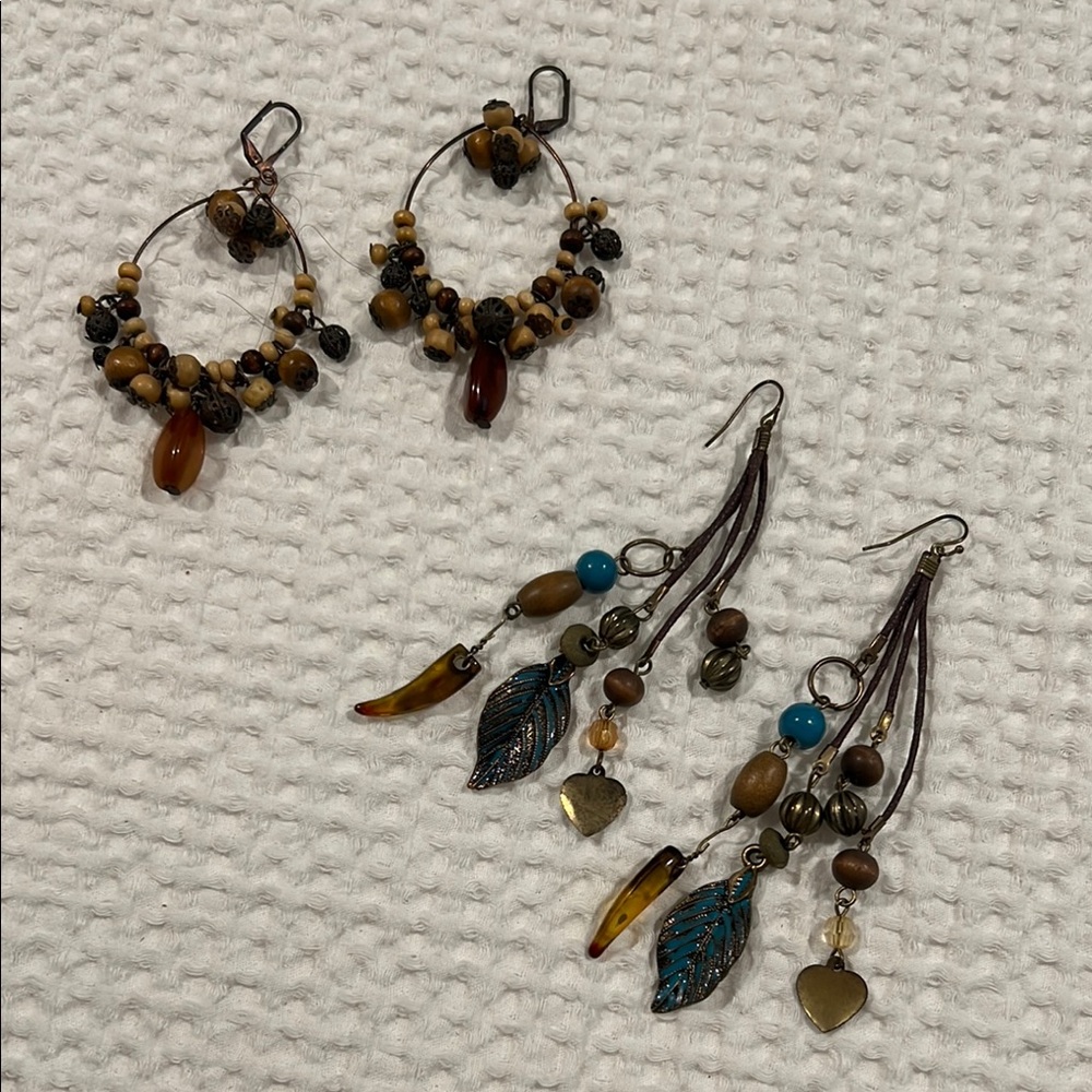 Wood Bead Metal Leather Drop Dangle Hoop Multi Strand Boho Earrings 2 Pair Brown